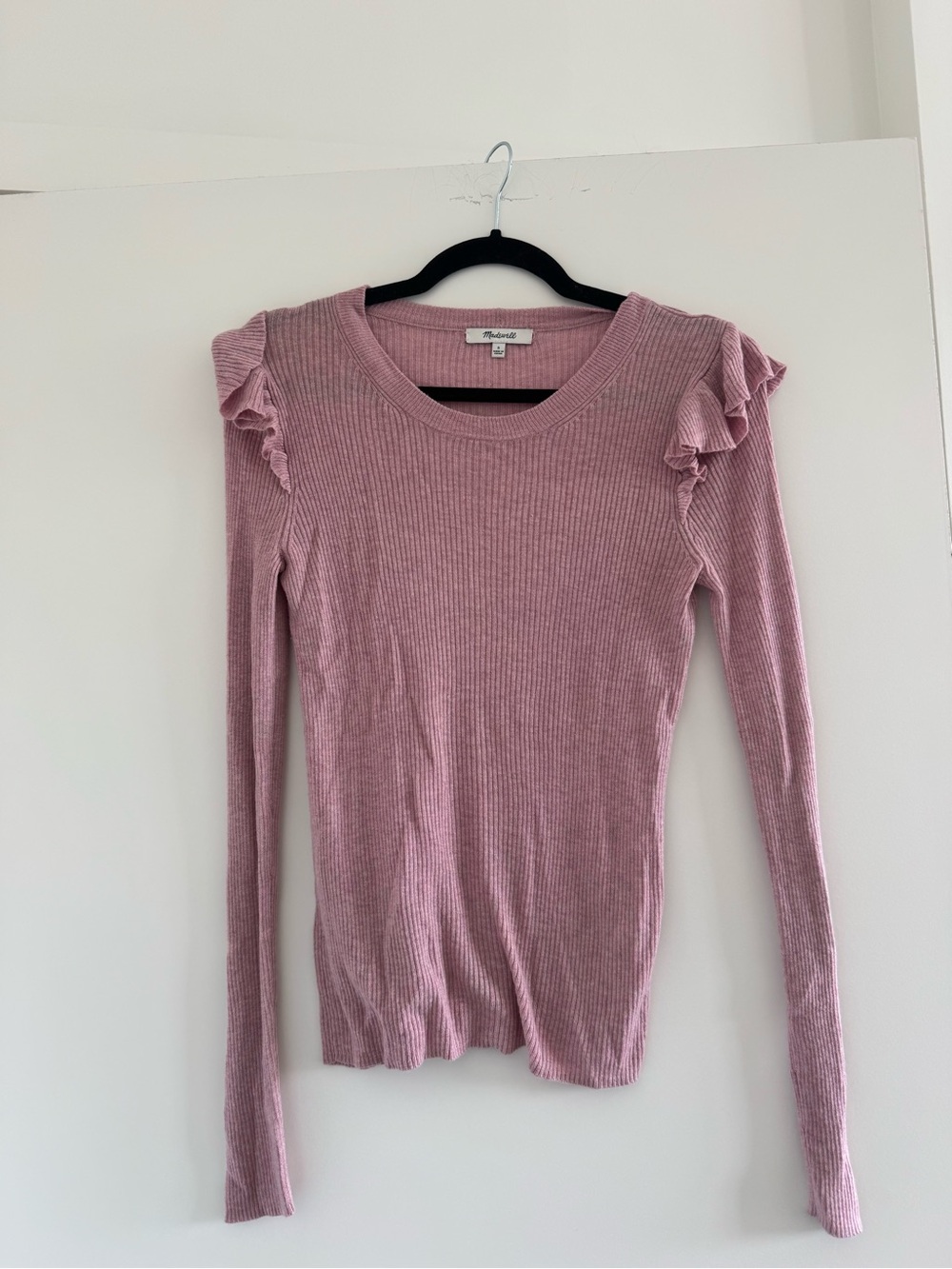 Madewell Ribbed Long-Sleeve Top with Shoulder Ruffles - Dusty Rose